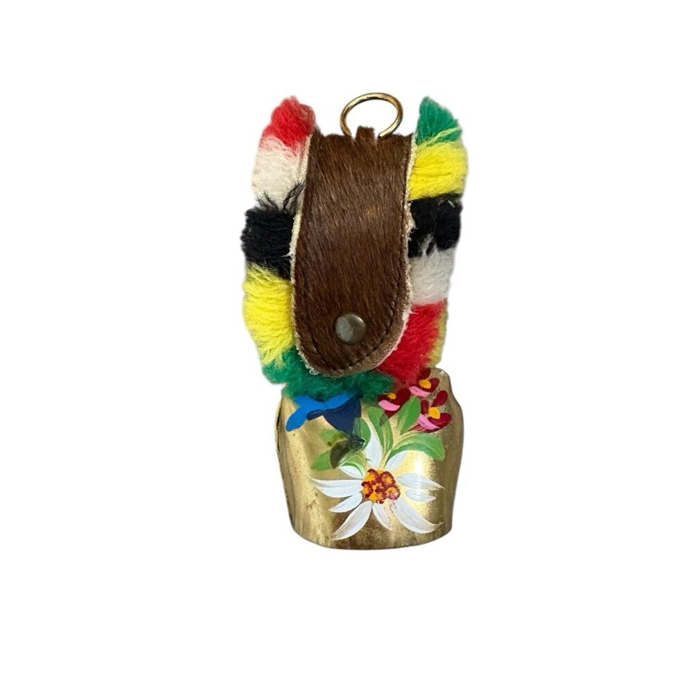 Vintage Swiss Brass Mini Cow Bell Colorful Strap Hand Painted Floral Motif